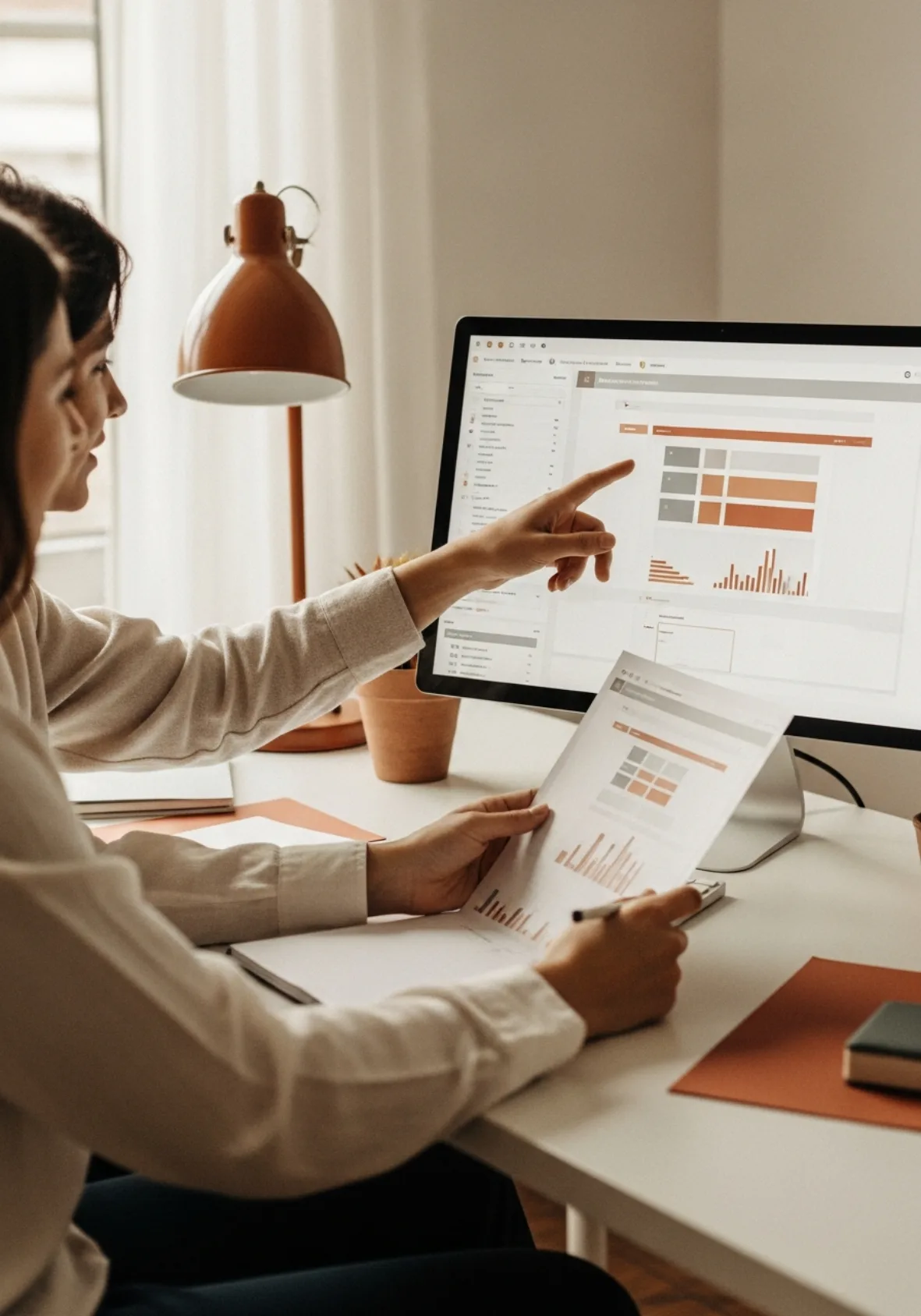 Two people reviewing a website migration plan together at a desk.